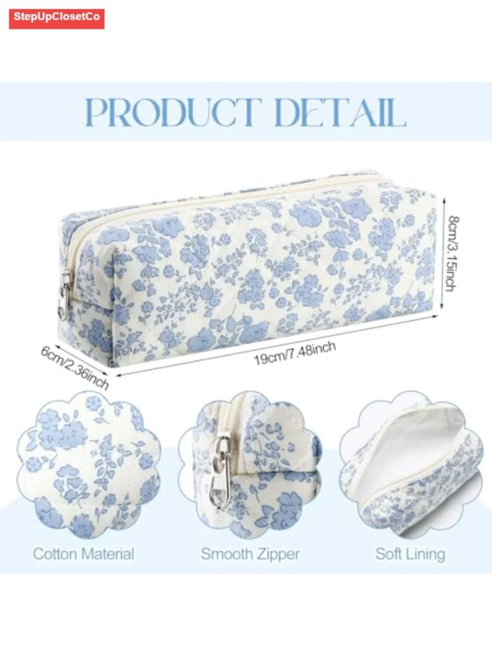 Quilted Cotton Makeup Bag with Floral Pattern - Lightweight Travel Cosmetic